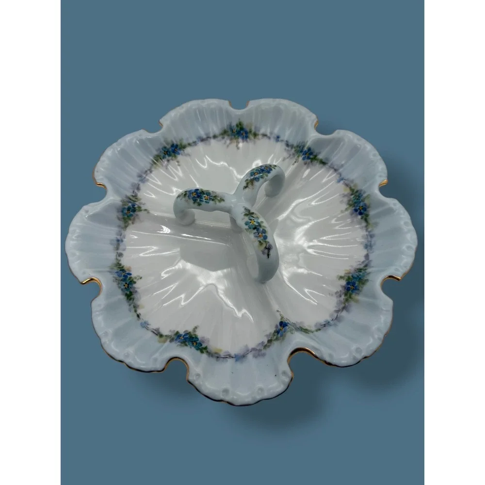 Hand Painted Floral Divided Candy Dish, Scalloped Gold Rim tray, Signed,1982